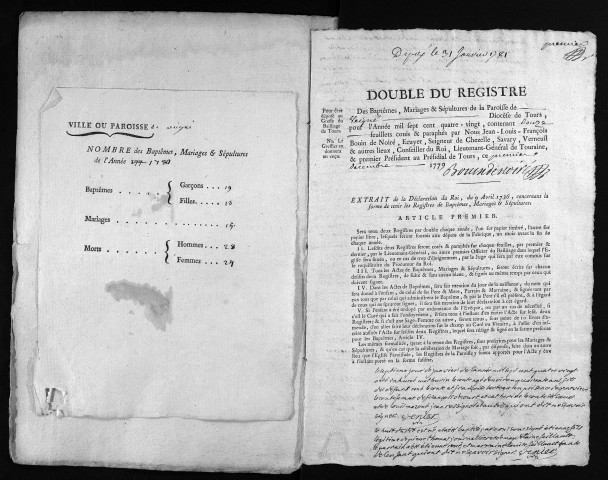 Collection du greffe. Baptêmes, mariages, sépultures, 1780