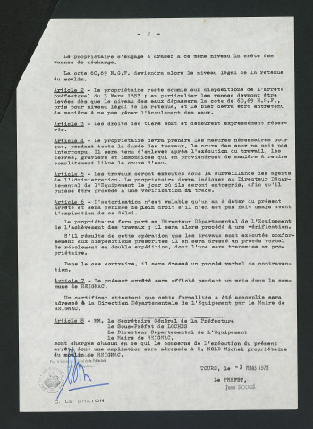 Arrêté préfectoral portant modification du règlement d'eau (3 mars 1975)