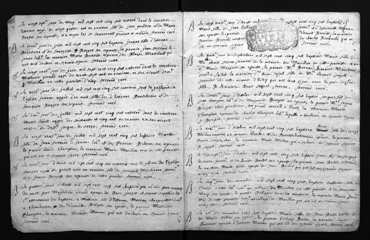 Collection du greffe. Baptêmes, mariages, sépultures, 1705-1722