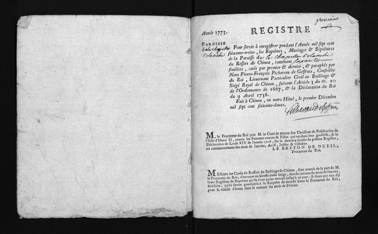 Collection du greffe. Baptêmes, mariages, sépultures, 1773-1774