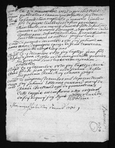 Collection du greffe. Baptêmes, mariages, sépultures, 1730 - L'année 1729 est lacunaire dans cette collection