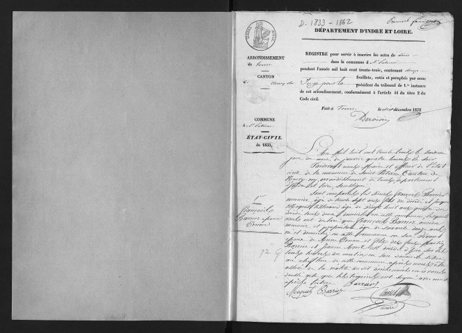 Décès, 1833-1862 - Lacune : actes n° 13 à 18 de l'année 1841