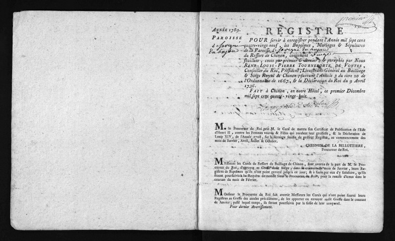 Collection du greffe. Baptêmes, mariages, sépulture 1789