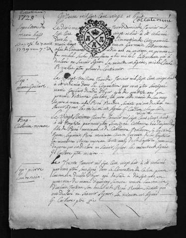 Collection du greffe. Baptêmes, mariages, sépultures, 1728