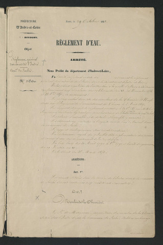 Arrêté portant règlement hydraulique des usines de l'Indre situées dans la commune de Saché (29 octobre 1852)
