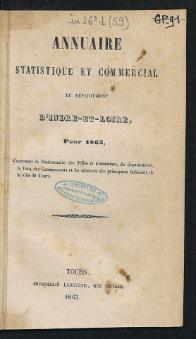 Annuaire statistique et commercial du département de l'Indre-et-Loire - 1863.