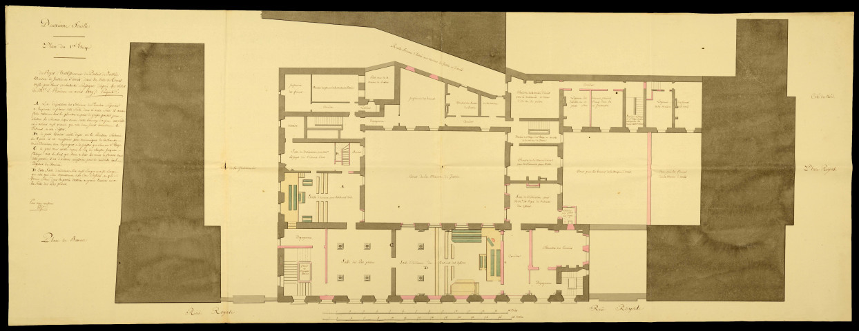Réunion des tribunaux, des prisons et de la caserne de gendarmerie dans le palais de justice. Travaux d'installation, de réparation, d'aménagement et d'entretien : rapports, notes, correspondance, extraits de délibérations, cahiers des charges, affiches, plans, comptes, soumissions, devis, mémoires, procès-verbaux d'adjudication et de réception des travaux.