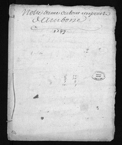 Collection du greffe. Baptêmes, mariages, sépultures,1er février-23 octobre 1749