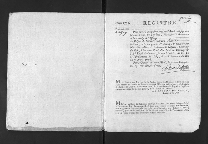 Collection du greffe. Baptêmes, mariages, sépultures, 1773