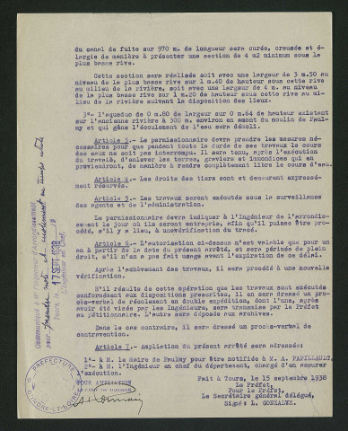 Arrêté préfectoral autorisant l'assèchement du bief et du canal de fuite (15 septembre 1938)