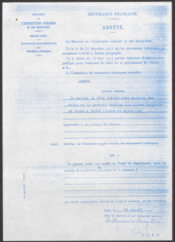 Inscription de la maison dite Justice des Bains à l'inventaire supplémentaires des monuments historiques : arrêté préfectoral.