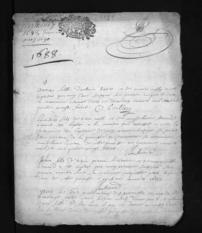 Collection du greffe. Baptêmes, mariages, sépultures, 1688-1690 - La période mars-décembre 1687 est lacunaire dans cette collection
