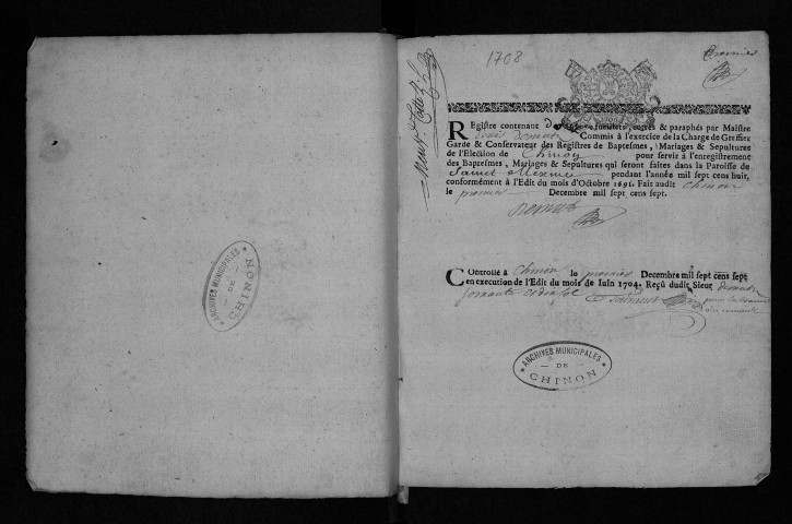 Collection communale. Baptêmes, mariages, sépultures, 1708-1709