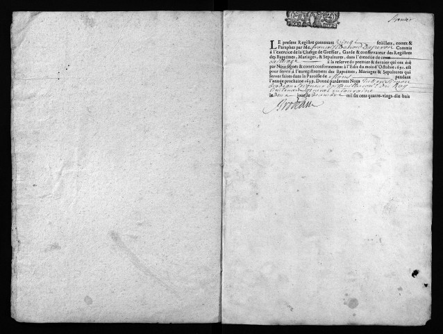 Collection du greffe. Baptêmes, mariages, sépultures, 1699