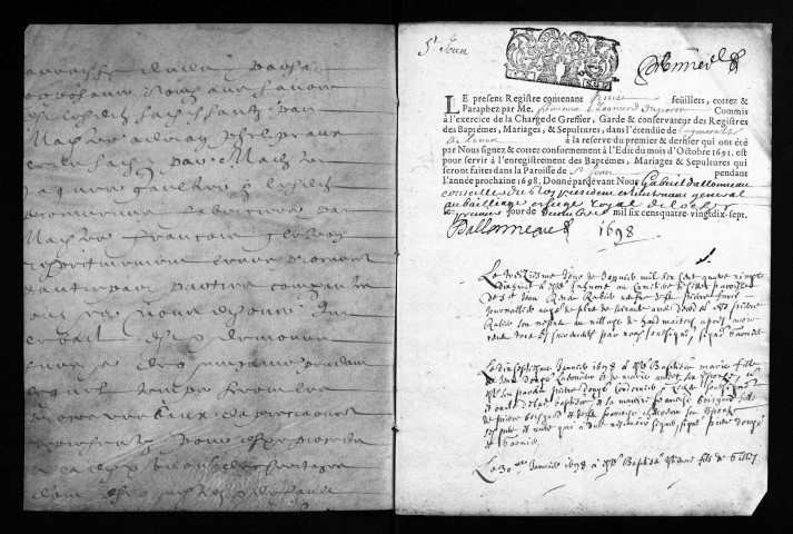 Baptêmes, mariages, sépultures, 1698