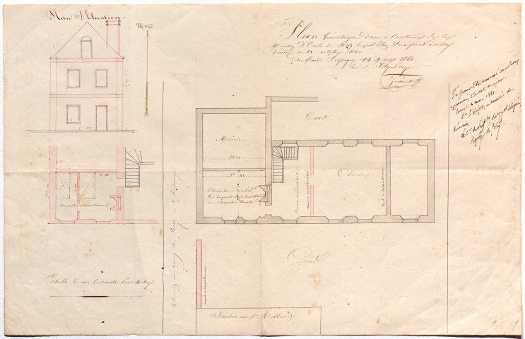 Projet d'acquisition d'une maison pour loger l'instituteur : 2 plans (1849). Plan géométrique d'une chambre haute pour loger l'instituteur (1861).