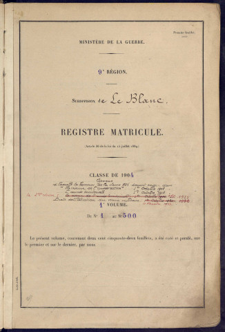 Classe 1904. Matricules n°1-514, 1797, 1815-1818, 1823-1824