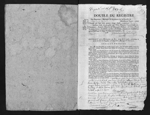 Collection du greffe. Baptêmes, mariages, sépultures, 1788