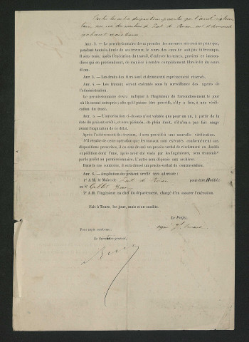 Arrêté préfctoral autorisant la reconstruction d'une vanne de décharge supplémentaire (21 janvier 1876)