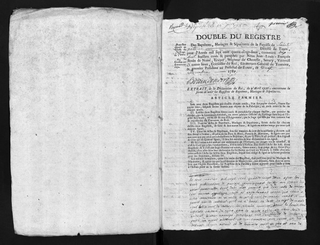 Collection du greffe. Baptêmes, mariages, sépultures, 1782