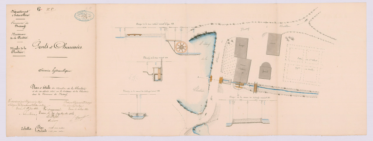 Plan et détails du moulin de la Clouterie et de ses abords (10 juin 1861)