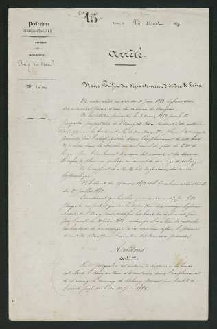 Arrêté autorisant la suppression de la bonde de l'étang de Veau et la construction d'un vannage de décharge (24 mars 1853)