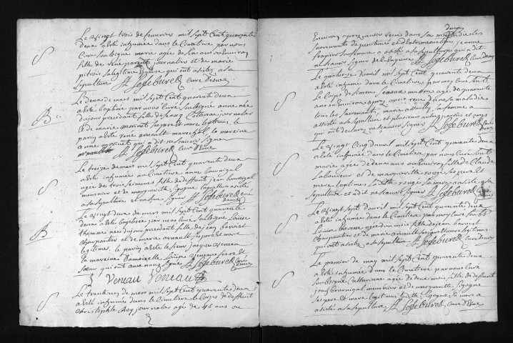 Collection du greffe. Baptêmes, mariages, sépultures, 1742