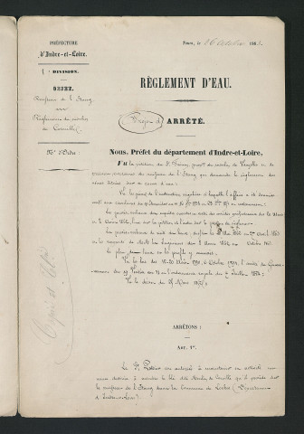 Arrêté portant règlement hydraulique du moulin (26 octobre 1863)
