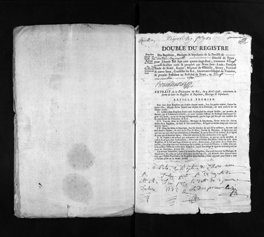 Collection du greffe. Baptêmes, mariages, sépultures, 1782