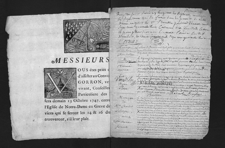 Collection du greffe. Baptêmes, mariages, sépultures, 1748-9 janvier 1749
