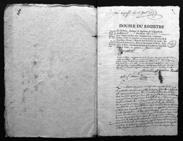 Collection du greffe. Baptêmes, mariages, sépultures, 1758