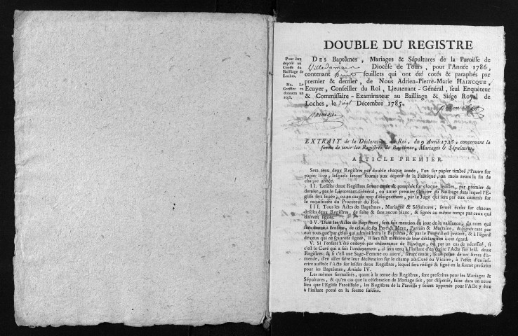 Collection du greffe. Baptêmes, mariages, sépultures, 1786