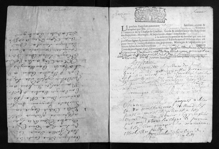 Collection du greffe. Baptêmes, mariages, sépultures, 1698