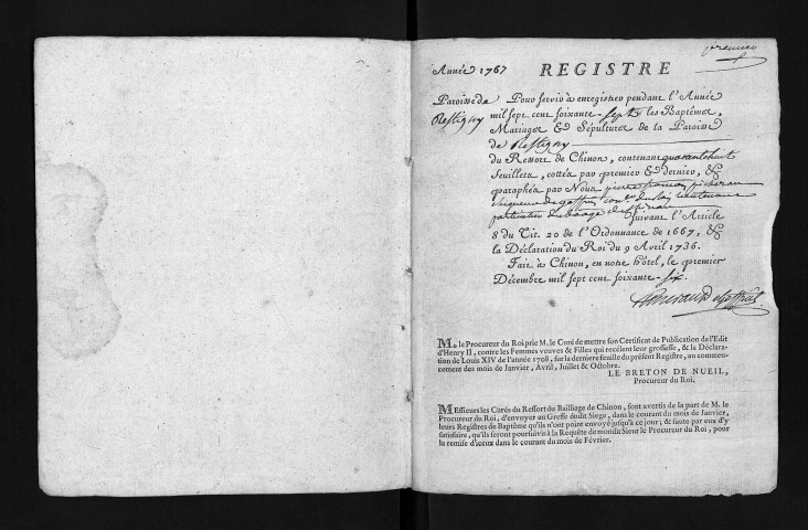 Collection du greffe. Baptêmes, mariages, sépultures, 1767