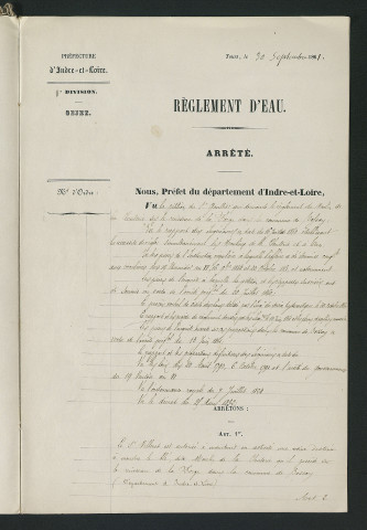 Arrêté portant règlement hydraulique du moulin de la Clouterie (30 septembre 1861)