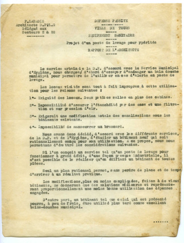 Tours, 17 rue Nationale. Hôtel du Faisan, défense passive secteur 2. Projet d'abri public de lavage pour ypérites.