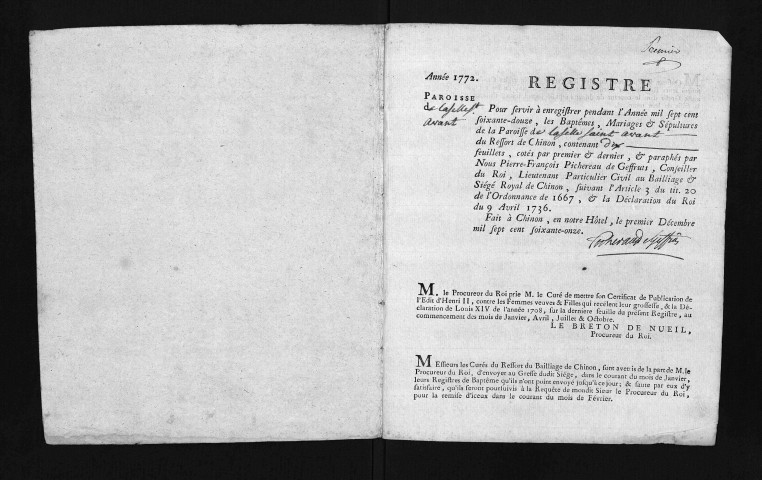 Collection du greffe. Baptêmes, mariages, sépultures, 1772