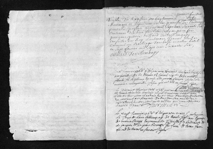 Collection du greffe. Baptêmes, mariages, sépultures, 1766