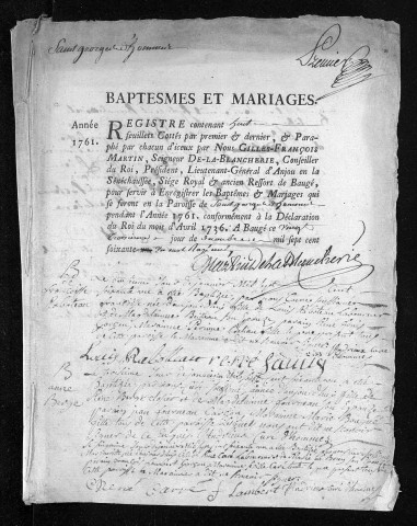 Collection du greffe. Baptêmes, mariages, 1761