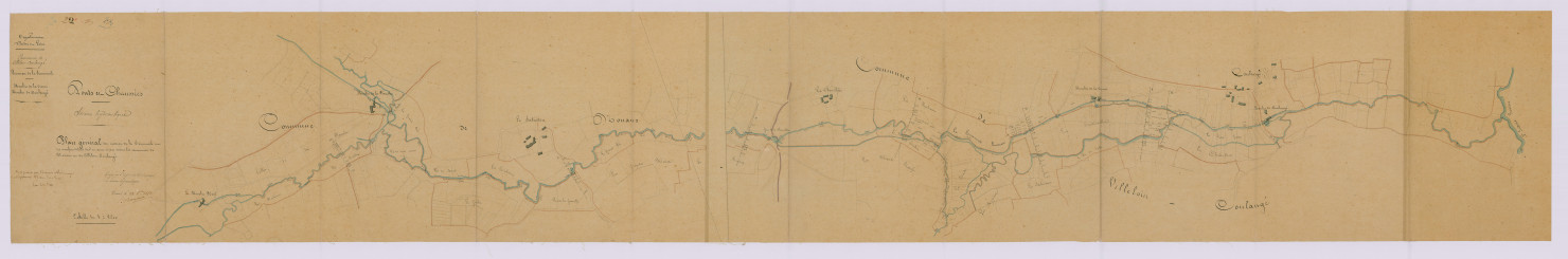 Plan général du ruisseau de la Tourmente et des moulins situés sur ce cours d'eau dans les communes de Nouans et de Villeloin-Coulangé (25 octobre 1851)