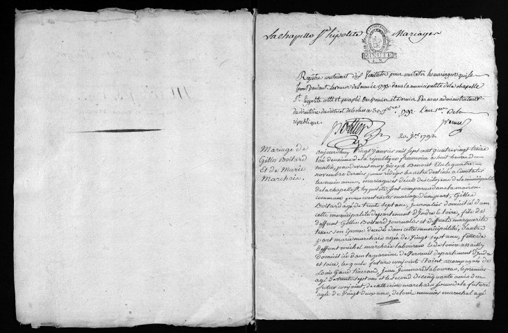 Mariages, 1793-ventôse an II - Les mariages de germinal à fructidor an II sont lacunaires dans cette collection