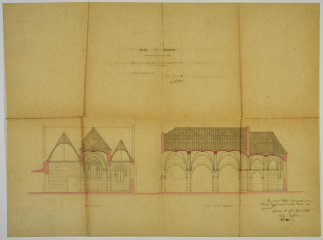 Plan projet de couverture et réparation du clocher [1824], plan de l'église en l'état actuel (1859), huit plans projet d'agrandissement (1859), deux plans projet d'agrandissement (1860),