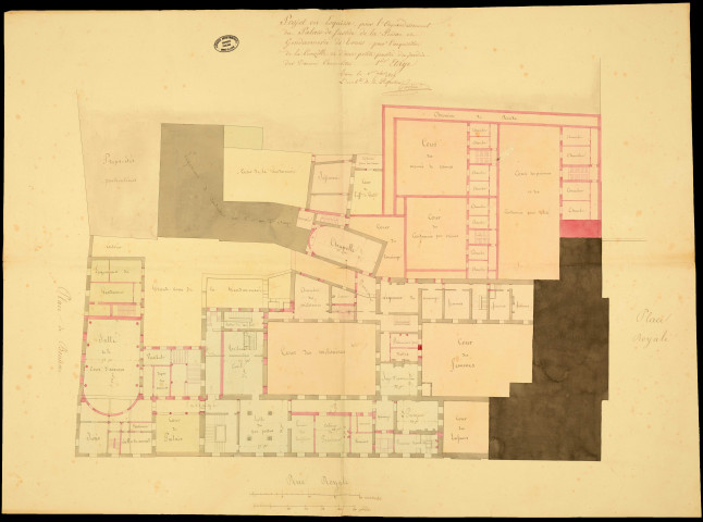 Achat de l'hôtel de la Crouzille et projets consécutifs d'agrandissement des prisons : procès-verbaux d'estimation, documents d'assurance, extraits de délibérations du conseil général et du conseil municipal, notes, correspondance, affiches, devis, plans (1811, 1823-1837). Palais de justice et prisons, travaux d'entretien et de réparation : notes, correspondance, plan (1833-1843).