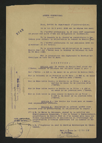 Arrêté prefectoral délimitant le remous du moulin Neuf (6 mai 1938)