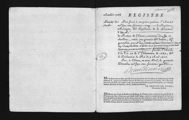 Collection du greffe. Baptêmes, mariages, sépultures, 1765