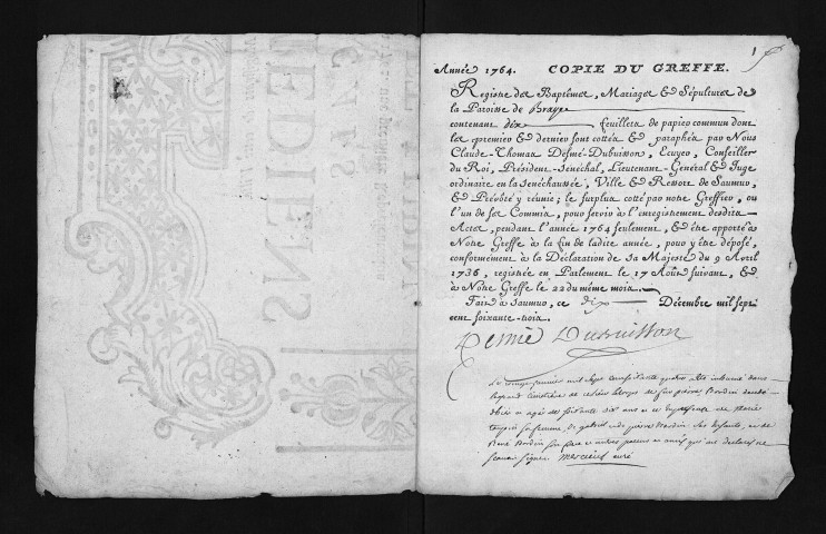 Collection du greffe. Baptêmes, mariages, sépultures, 1764