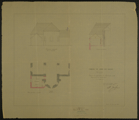 Plan de la façade principale de l'église (1870). Projet de sacristie : plan (1888).