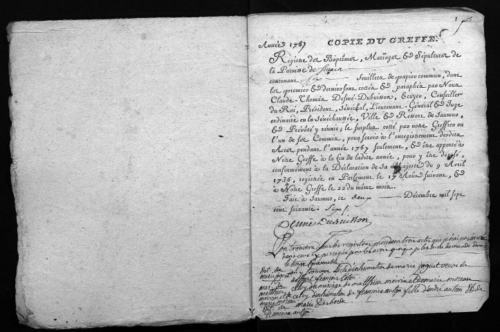 Collection du greffe. Baptêmes, mariages, sépultures, 1767