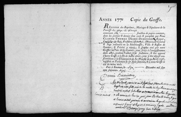 Collection du greffe. Baptêmes, mariages, sépultures, 1771