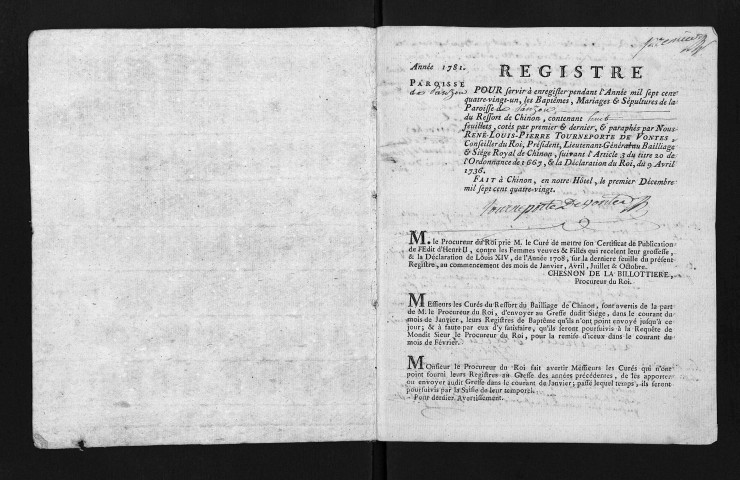 Collection du greffe. Baptêmes, mariages, sépultures, 1781